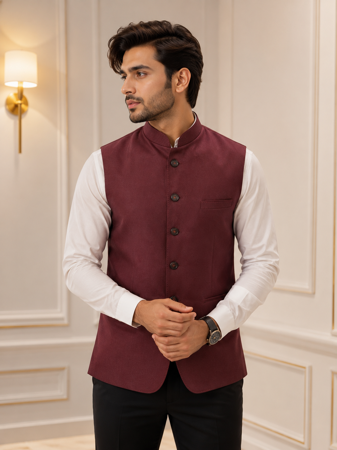 Premium Maroon Nehru Jacket for Men | Slim Fit Wedding, Party & Festive Ethnic Waistcoat