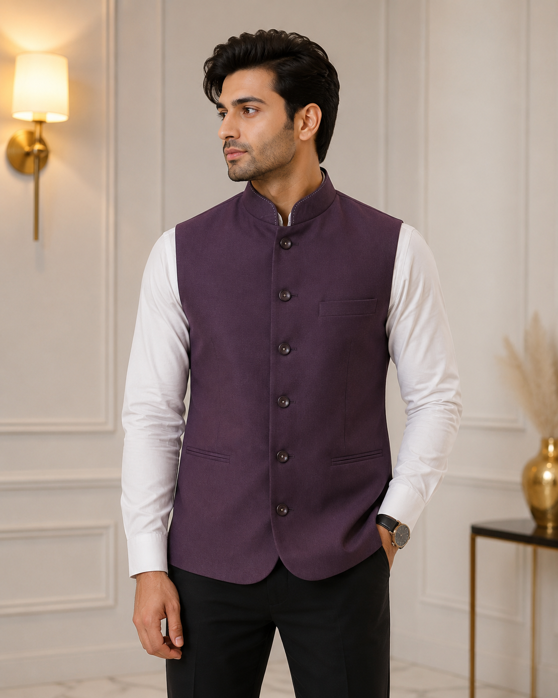 Premium Dark Plum Nehru Jacket for Men | Slim Fit Wedding, Party & Festive Ethnic Waistcoat