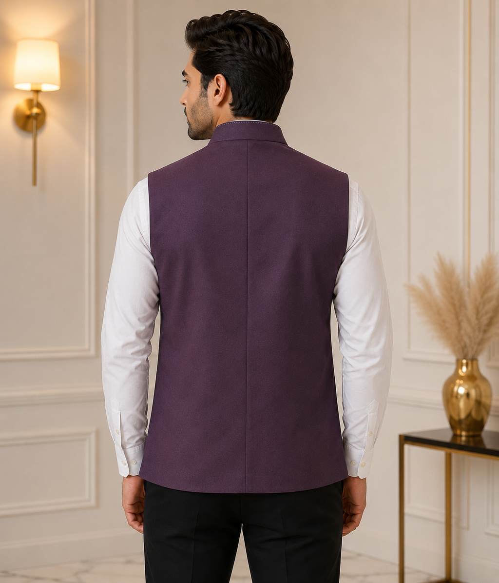 Premium Dark Plum Nehru Jacket for Men | Slim Fit Wedding, Party & Festive Ethnic Waistcoat