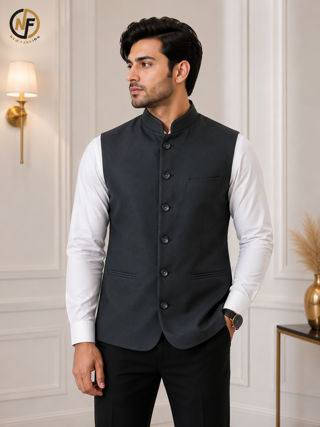 Premium Men's Charcoal Grey Slim Fit Nehru Jacket | Mandarin Collar Ethnic Waistcoat for Wedding, Festive & Party Wear