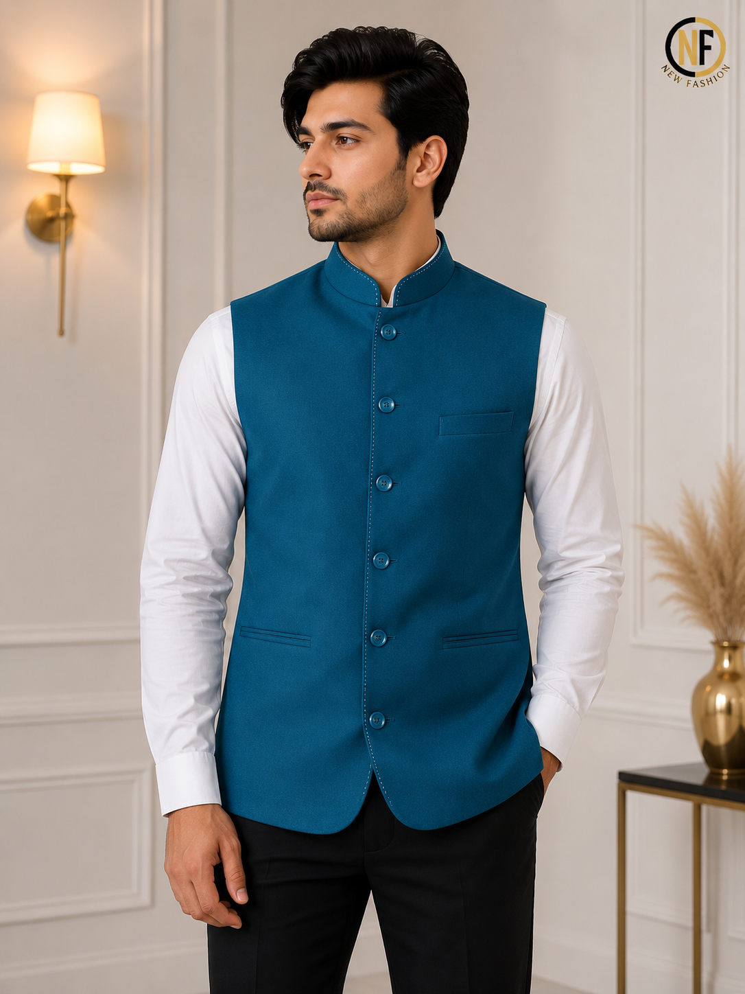 Premium Men's Teal Slim Fit Nehru Jacket | Cotton Blend Modi Waistcoat | Mandarin Collar Ethnic Jacket for Wedding, Festive & Party Wear
