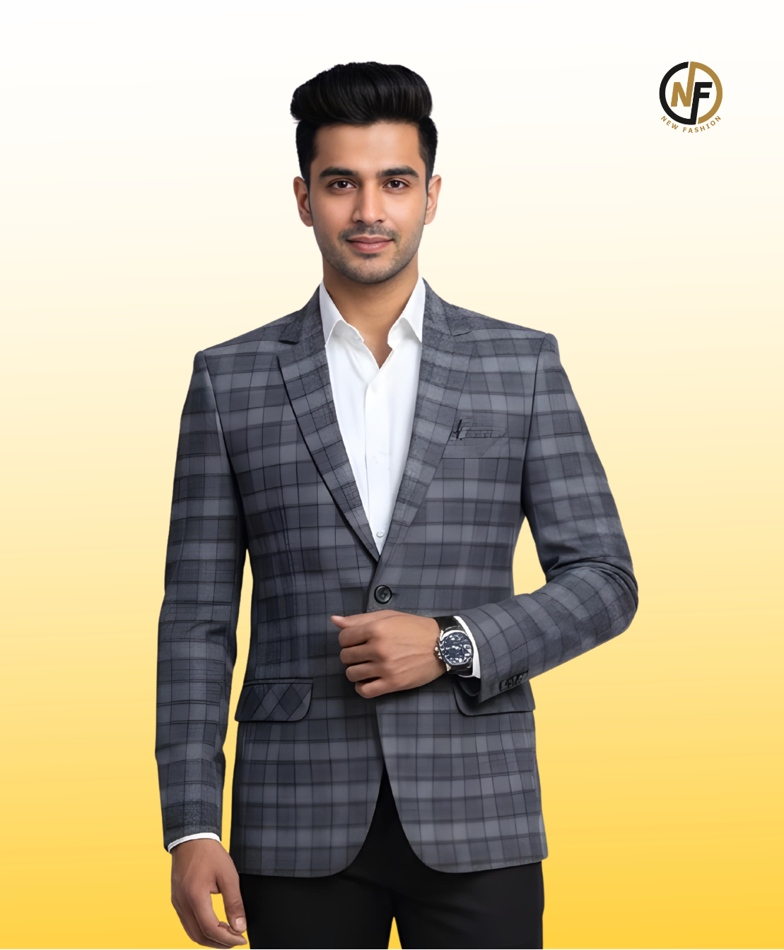 Premium Checkered Single-Breasted Blazer for Men | Grey Tweed Wedding, Party & Formal Wear